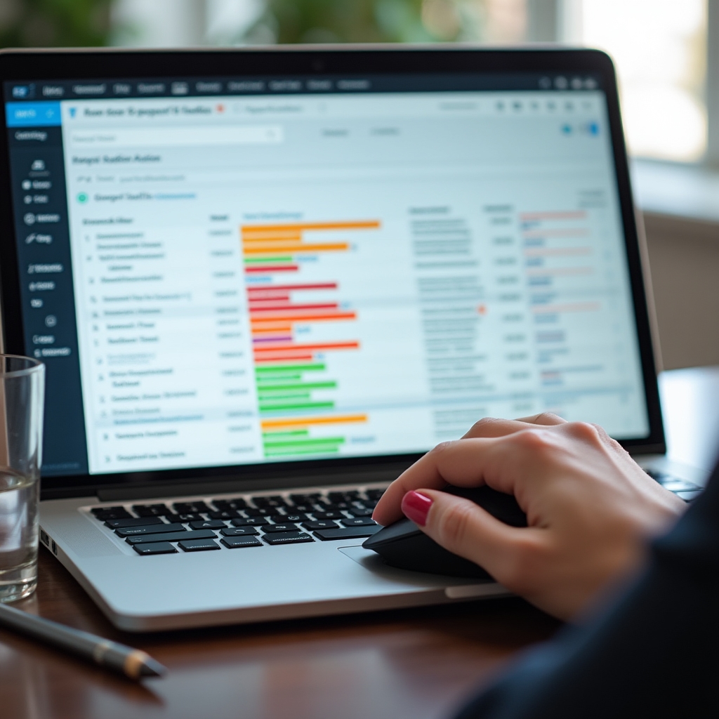 Close-up of a detailed content audit spreadsheet on a laptop screen with color-coded rows showing refresh merge and retire designations