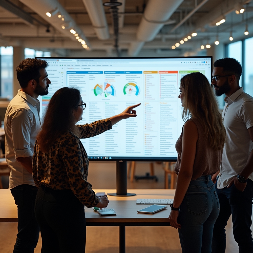 Content team of four professionals in their thirties gathered around a large monitor displaying a content audit dashboard with color-coded post designations